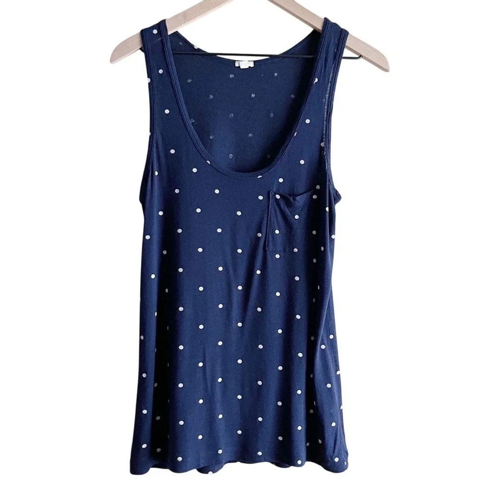 J.Crew Women Small‎ Linen Scoop Neck Tank Top in Navy White Polka Dots